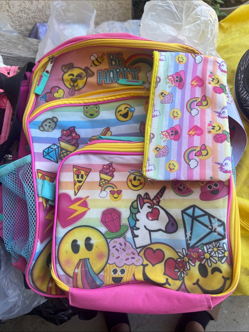 Kids Emoji Unicorn Backpack and Pencil Case - Pink - Picture 1 of 8